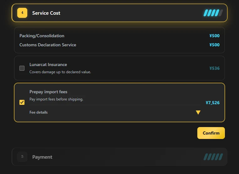 Service cost step with Prepay import fees checked