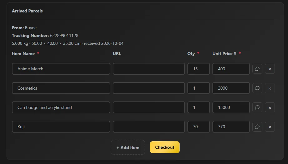 Forwarding cart filled out with vague item names
