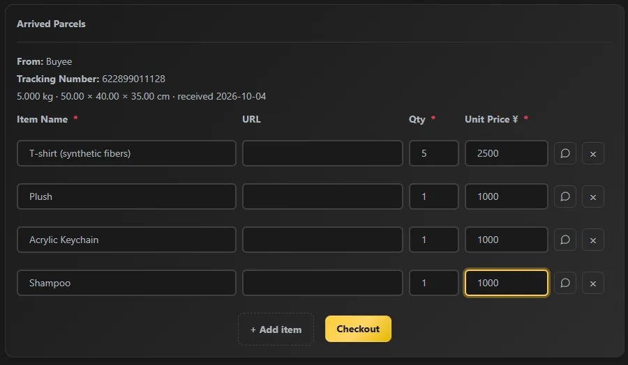 Forwarding cart filled out with specific item names