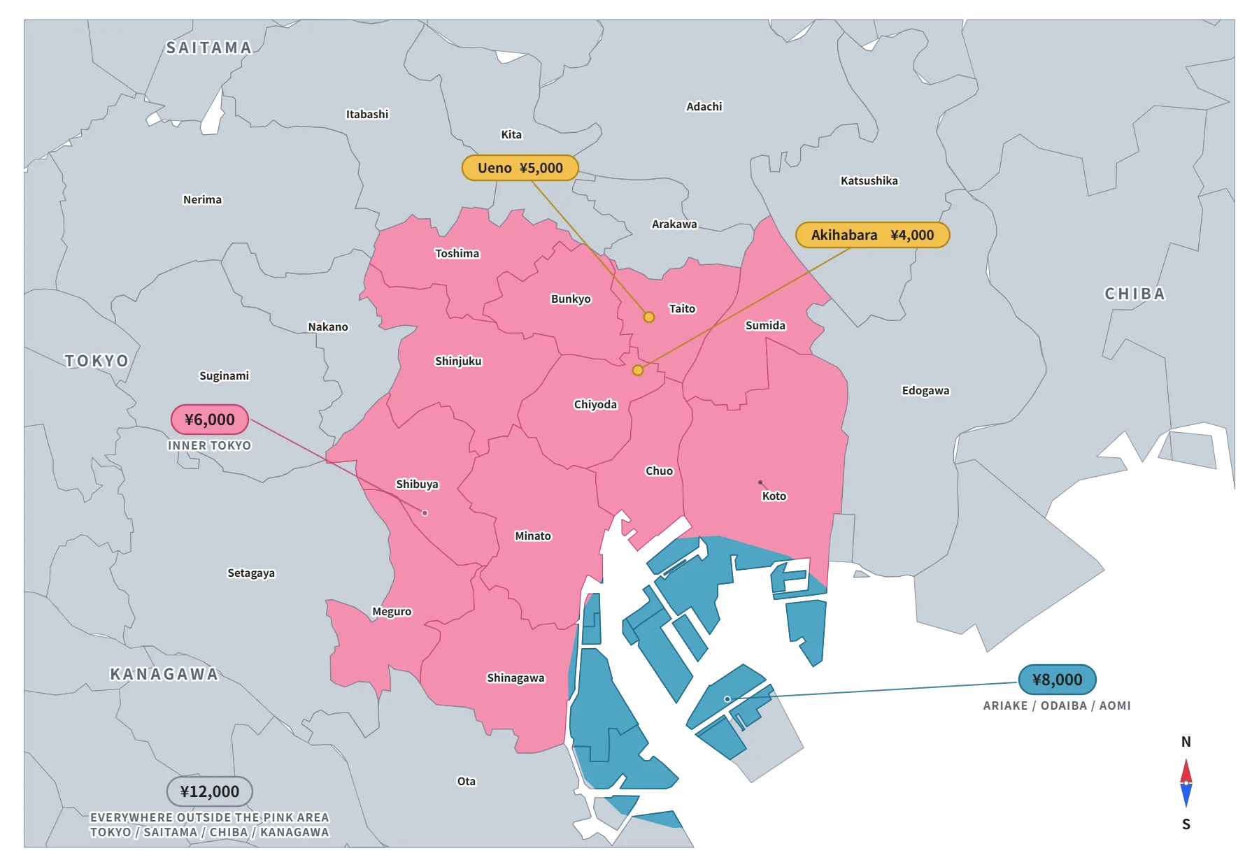 Map of offline shopping area fees in Tokyo