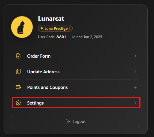 Mypage Settings menu